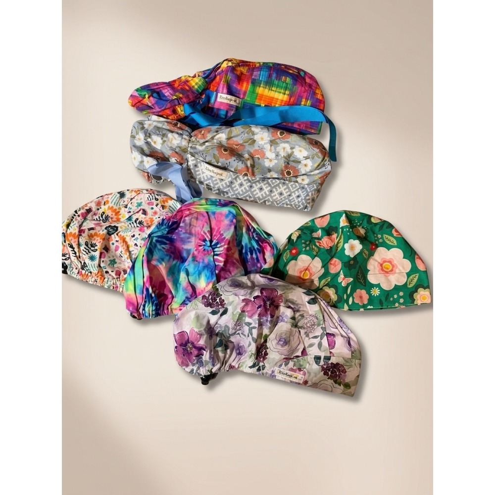 Set of 6 KimKaps Surgical Scrub Hats Bundle Floral Tie Dye Retro Boho